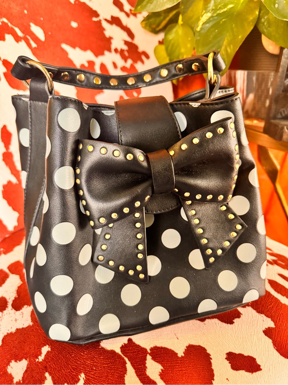 Black Polka Dot Bow Bucket Bag - Women's Shoulder Handbag - Picture 8 of 12